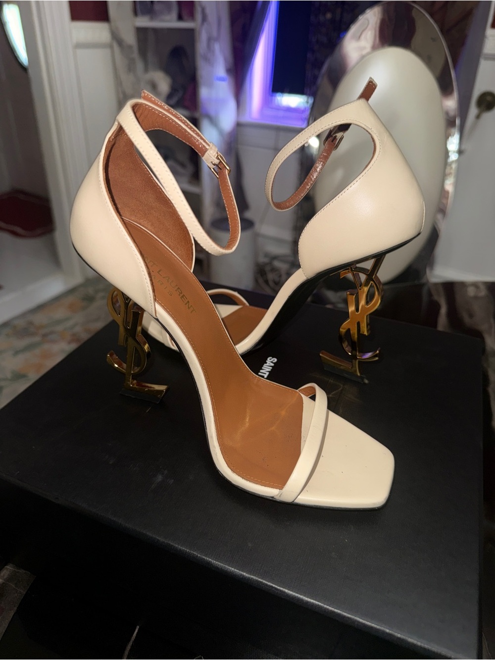 Saint Laurent Cream Leather Sandals with Gold YSL Sculptural Heels